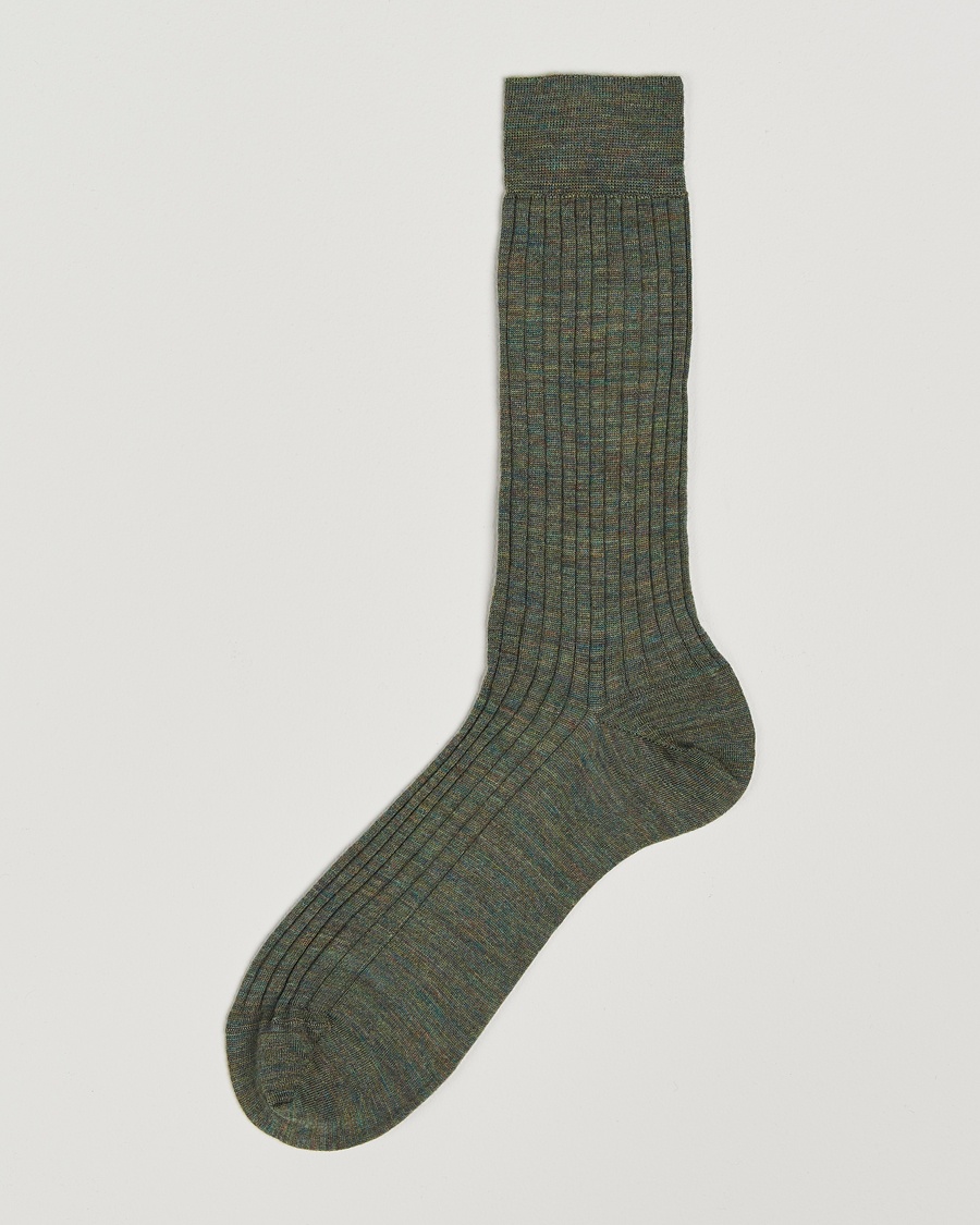 Bresciani Wool/Nylon Ribbed Short Socks Green Melange – Grøn