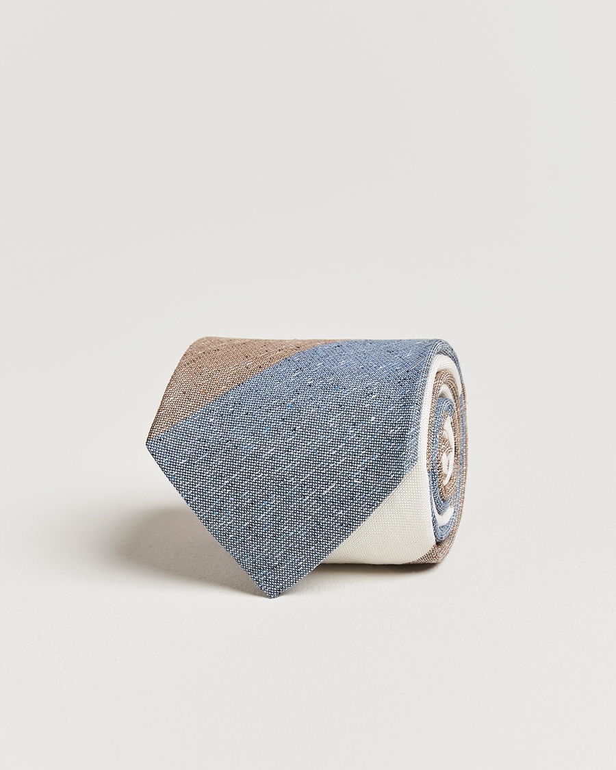Herre | Business & Beyond - Formal | Amanda Christensen | Silk/Linen Bourette Block Striped 8cm Tie White/Blue/Brown