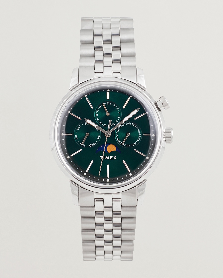 Herre | Stållænke | Timex | Marlin Moon Phase Quartz Steel 40mm Green Dial