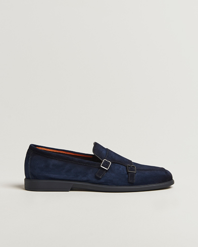 Herre | | Santoni | Malibu Double Buckle Loafers Navy Suede