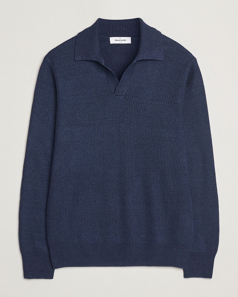 Gran Sasso Linen/Cotton Open Collar Knitted Polo Navy Melange – Blå