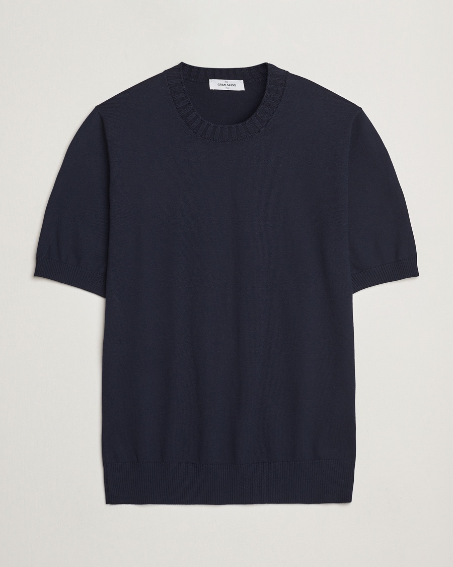 Gran Sasso Cotton Heavy Knitted Crew Neck T-Shirt Navy – Blå