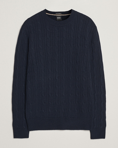 BOSS BLACK Hetico Wool/Cashmere Cable Sweater Dark Blue – Blå