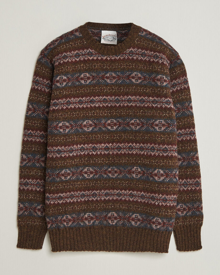 Jamieson's of Shetland Jamiesons Of Shetland All Over Fair Isle Pullover Crew Neck Moss Green – Grøn