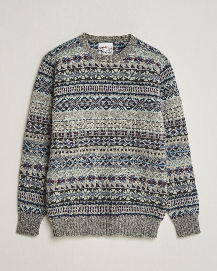 Jamieson's of Shetland Jamiesons Of Shetland All Over Fair Isle Pullover Crew Neck Light Grey – Grå