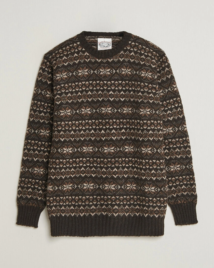 Jamieson's of Shetland Jamiesons Of Shetland All Over Fair Isle Pullover Crew Neck Dark Brown – Brun