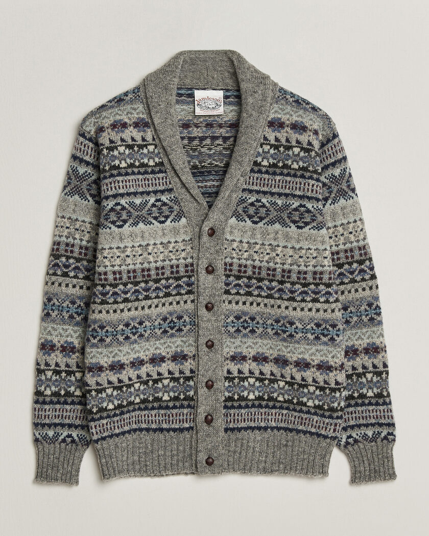 Jamieson's of Shetland Jamiesons Of Shetland All Over Fair Isle Shawl Collar Cardigan Grey – Grå