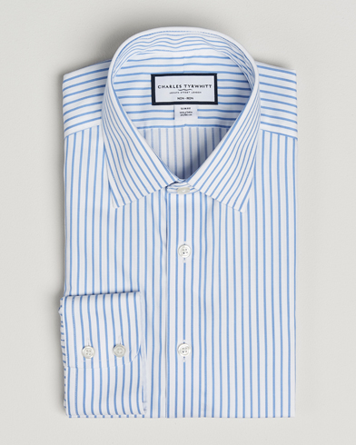 Charles Tyrwhitt Slim Fit Non Iron Striped Twill Cut Away Shirt White/Sky – Hvid