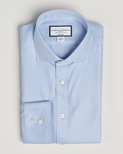 Charles Tyrwhitt Slim Fit Non Iron Herringbone Cut Away Shirt Sky – Blå