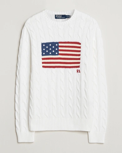 Polo Ralph Lauren Cotton Cable Flag Sweater Ceramic White – Hvid