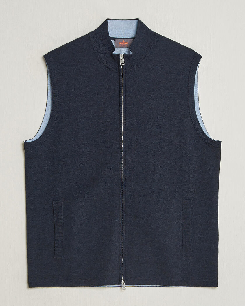 Morris Merino Double Zip Vest Navy – Blå