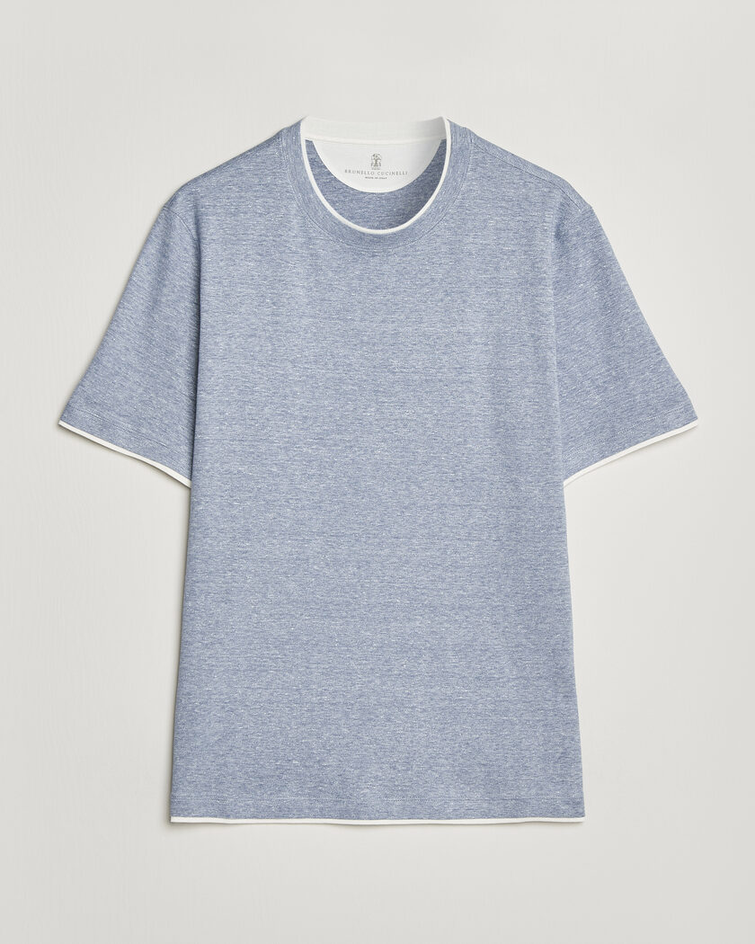Brunello Cucinelli Double Collar Linen T-Shirt Light Blue – Blå