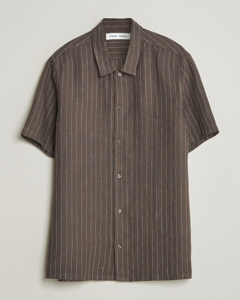 Samsøe Samsøe Avan Linen Striped Short Sleeve Shirt Black Olive – Grøn