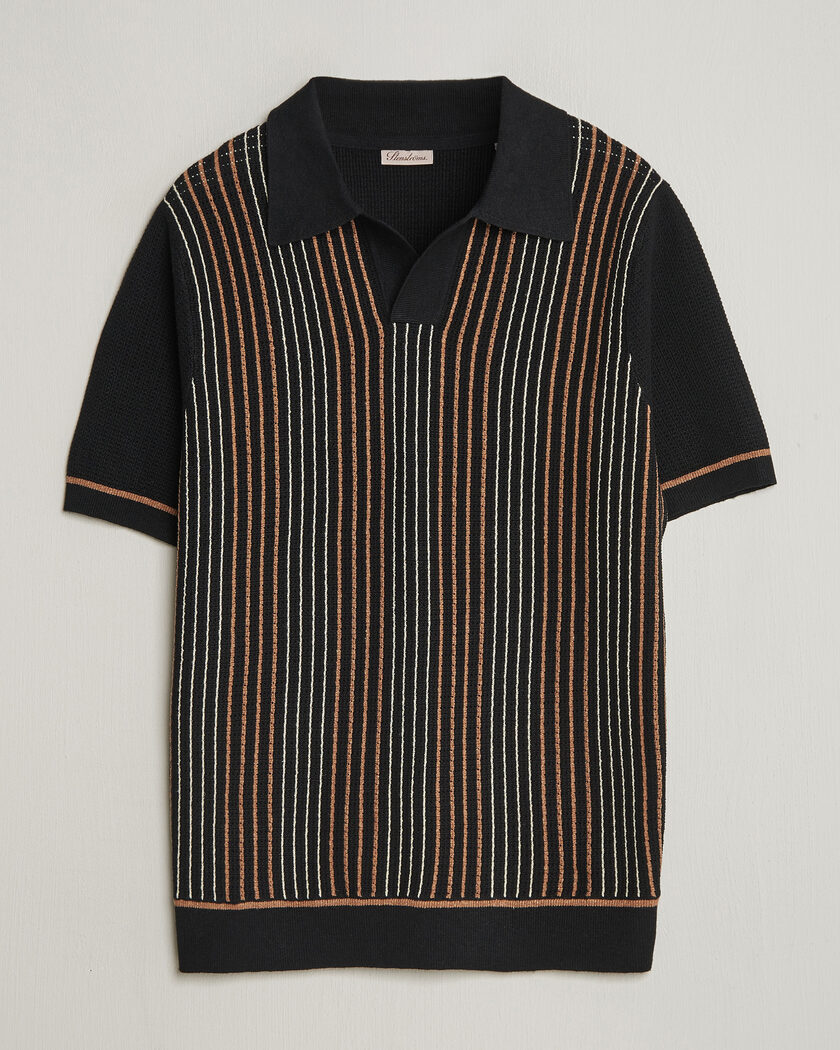 Stenströms Knitted Stripe Hemp/Cotton Polo Black – Flerfarvet