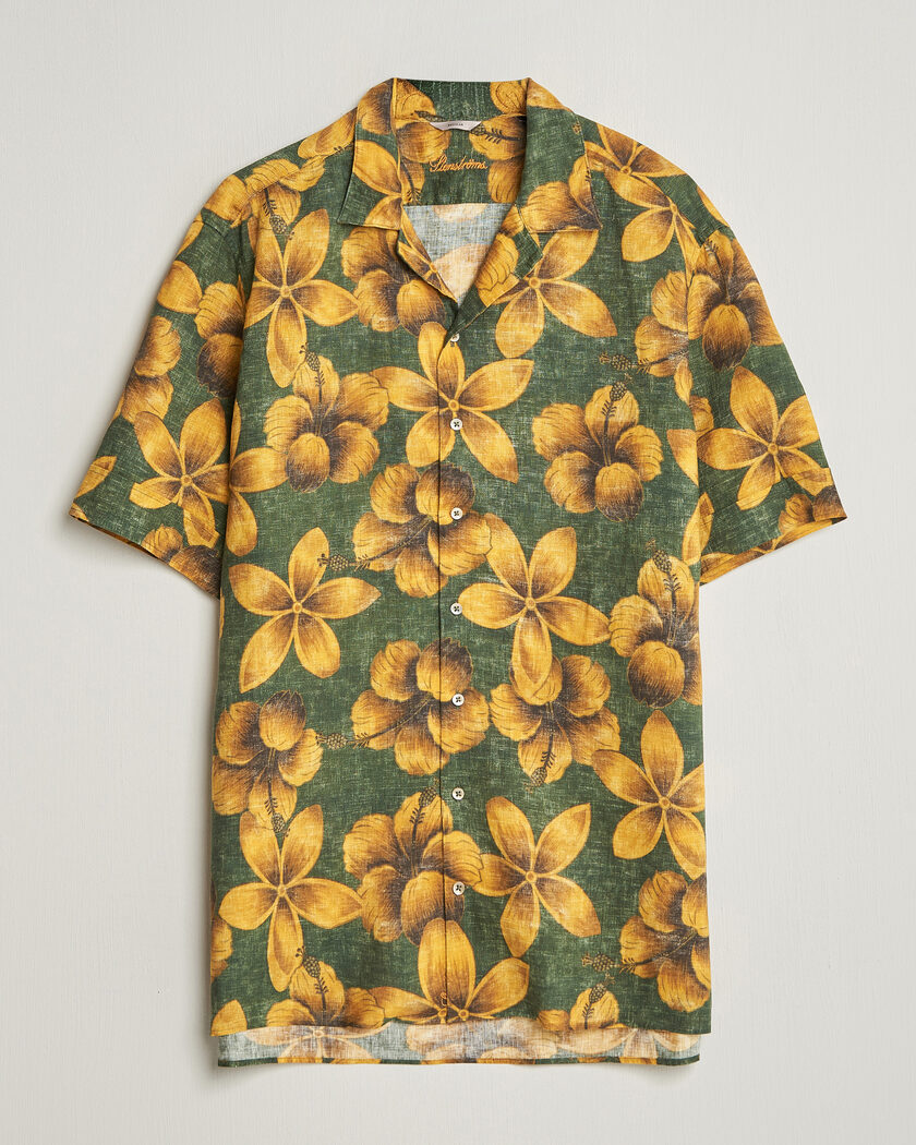 Stenströms Flower Printed Short Sleeve Linen Shirt Green – Grøn