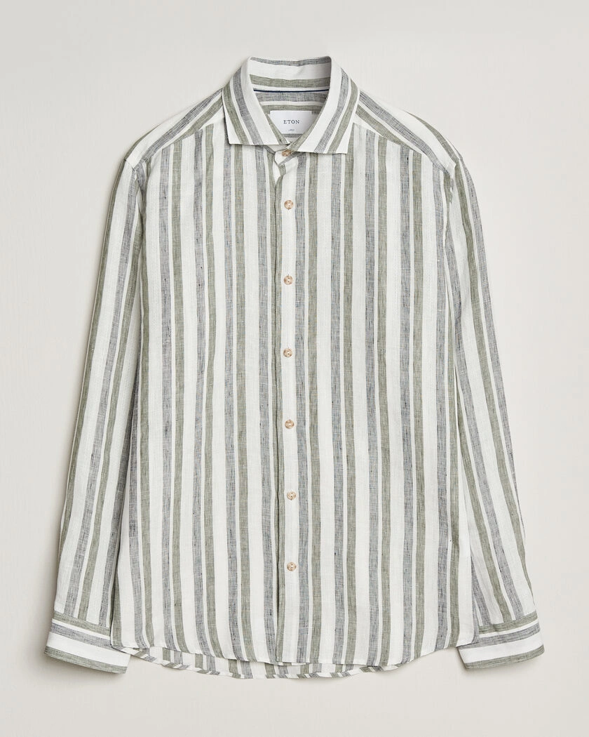 Eton Casual Fit Striped Linen Shirt Dark Green – Grøn