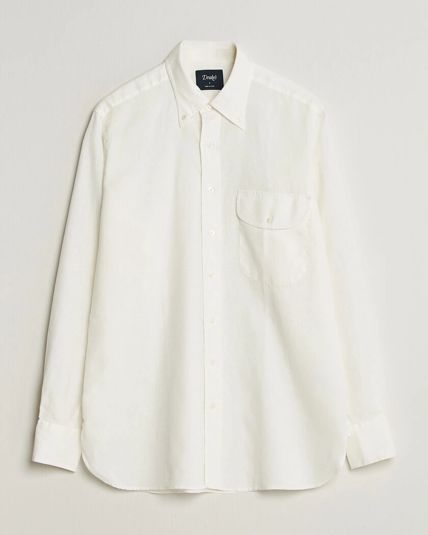 Drake's Linen Button Down Curved Pocket Shirt White – Hvid