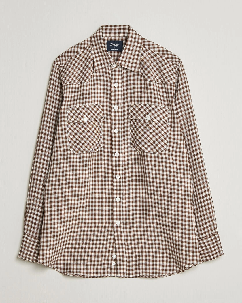 Drake's Linen Gingham Western Shirt Brown/White – Brun