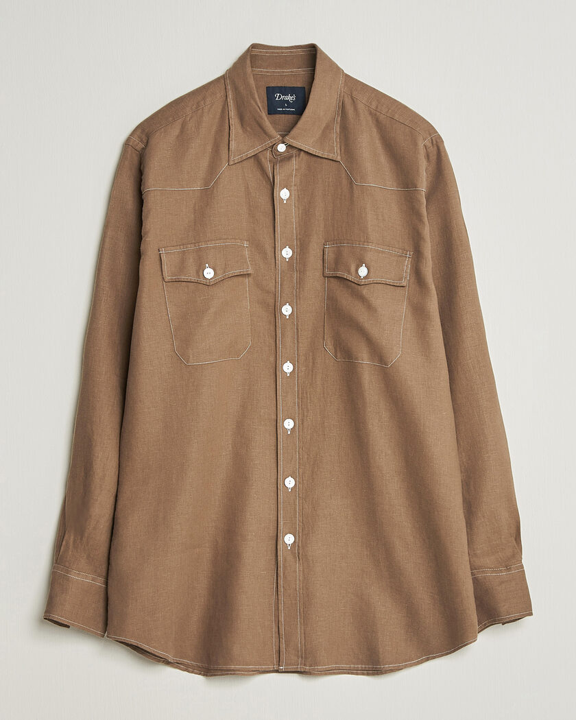 Drake's Solid Linen Western Shirt Brown – Brun