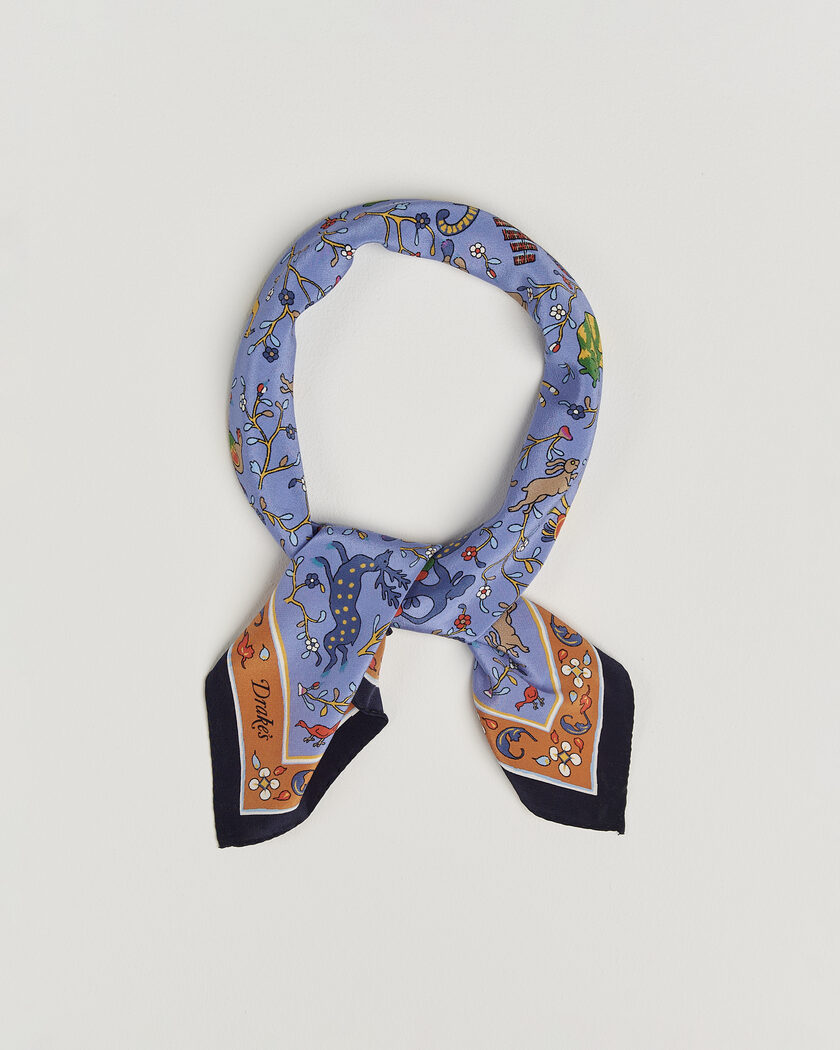Drake's Animals And Flowers Print Crepe Silk Bandana Blue – Blå