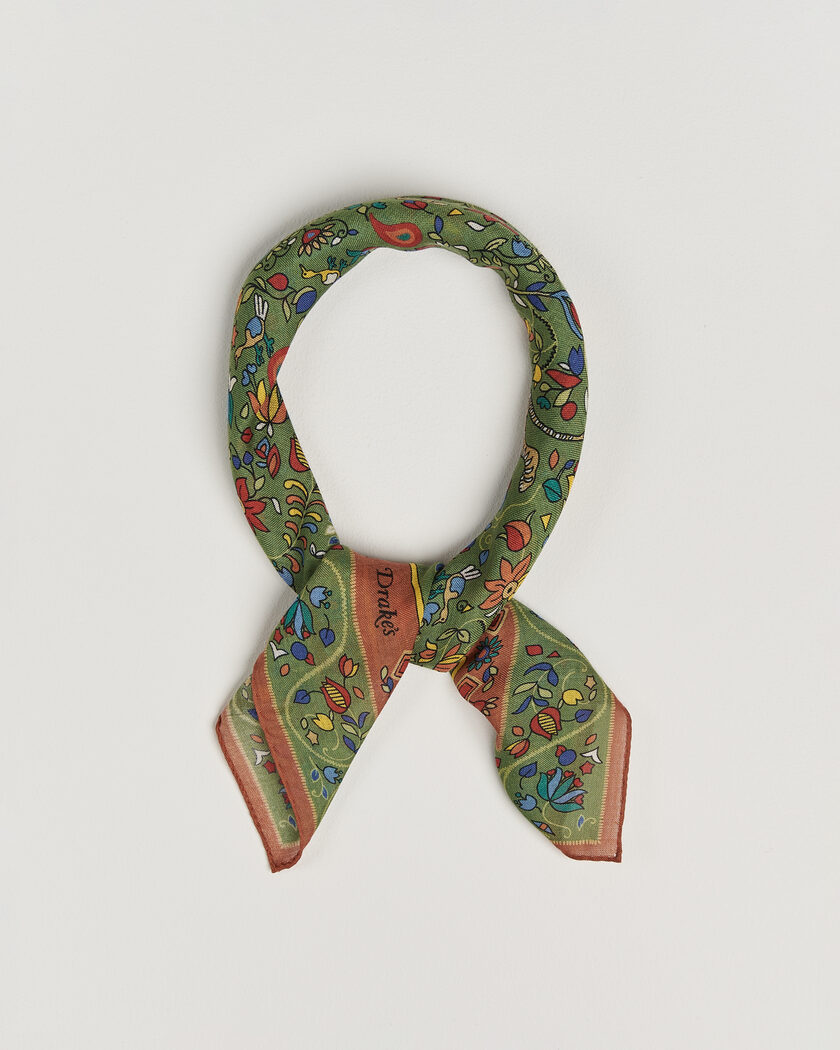Drake's Tiger Garden Wool/Silk Bandana Green – Grøn