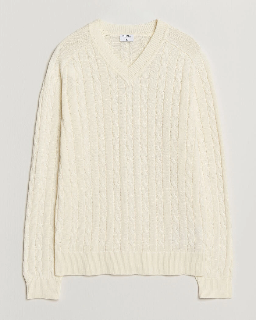 Filippa K Cotton Cable V-Neck Sweater Calico White – Hvid
