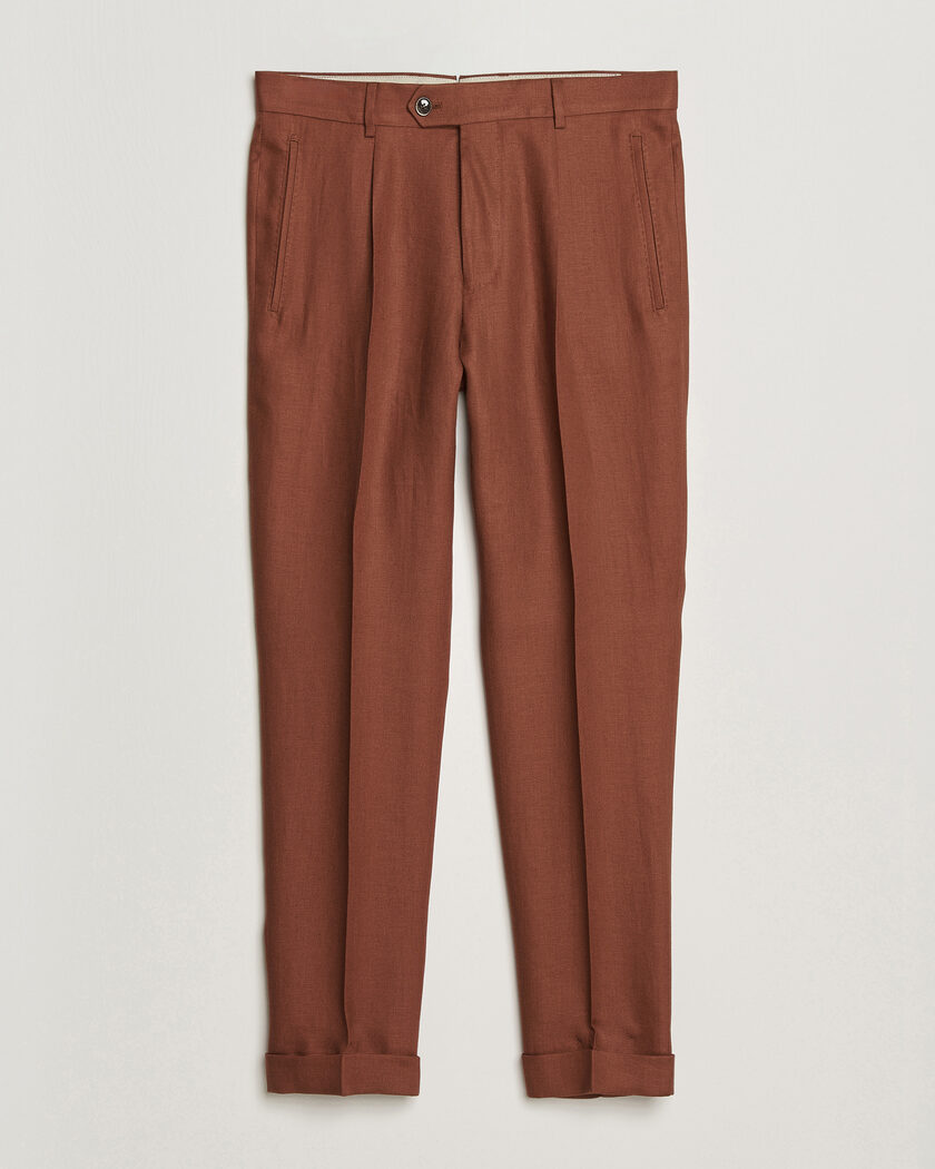  BOSS CAMEL Peet Linen Pleated Trousers Rust – Rød
