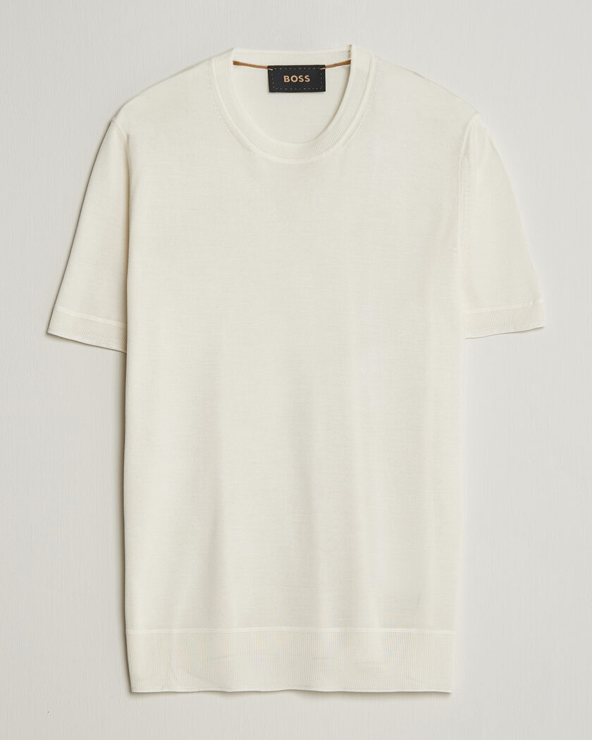 BOSS CAMEL Nottano Silk Knitted T-Shirt Open White – Hvid