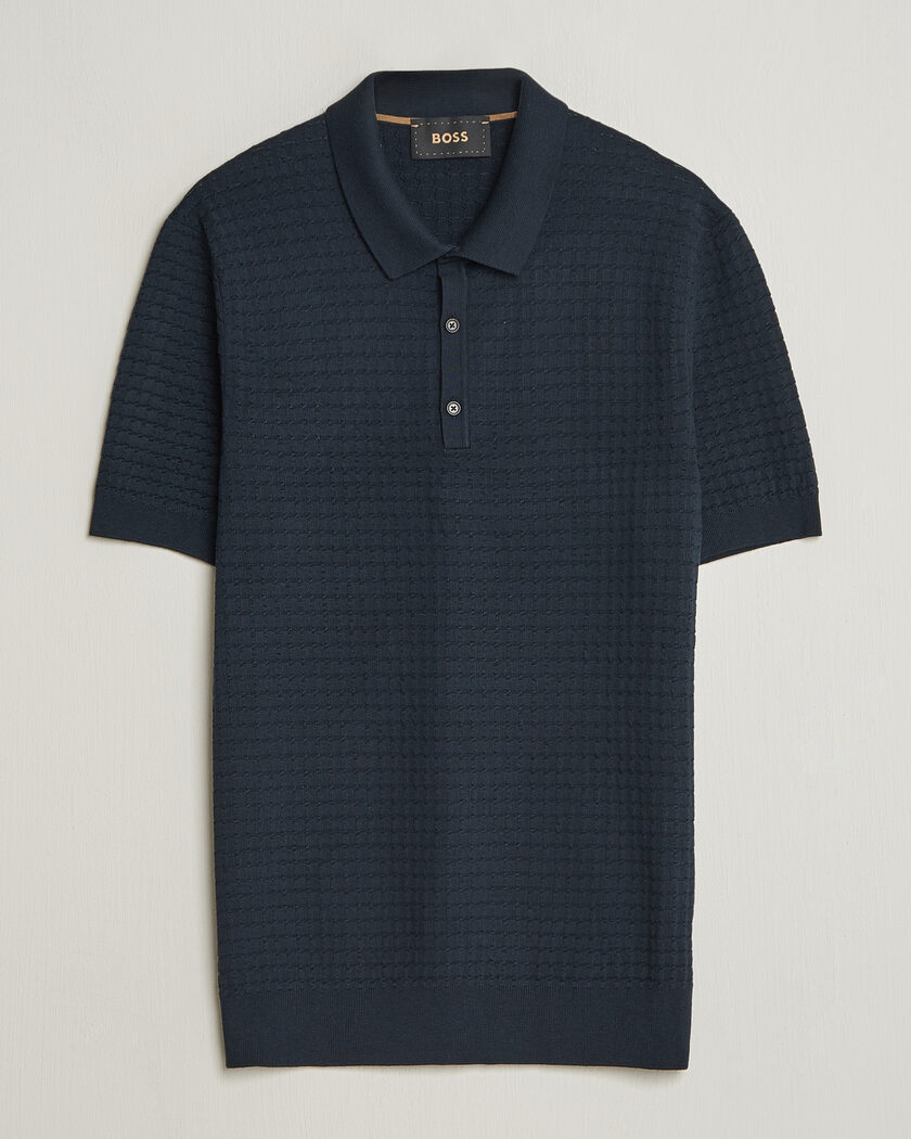 BOSS CAMEL Nadalione Silk/Cotton Knitted Polo Dark Blue – Blå