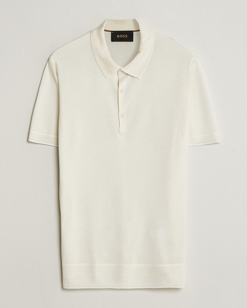 BOSS CAMEL Novo Silk Knitted Polo Open White – Hvid