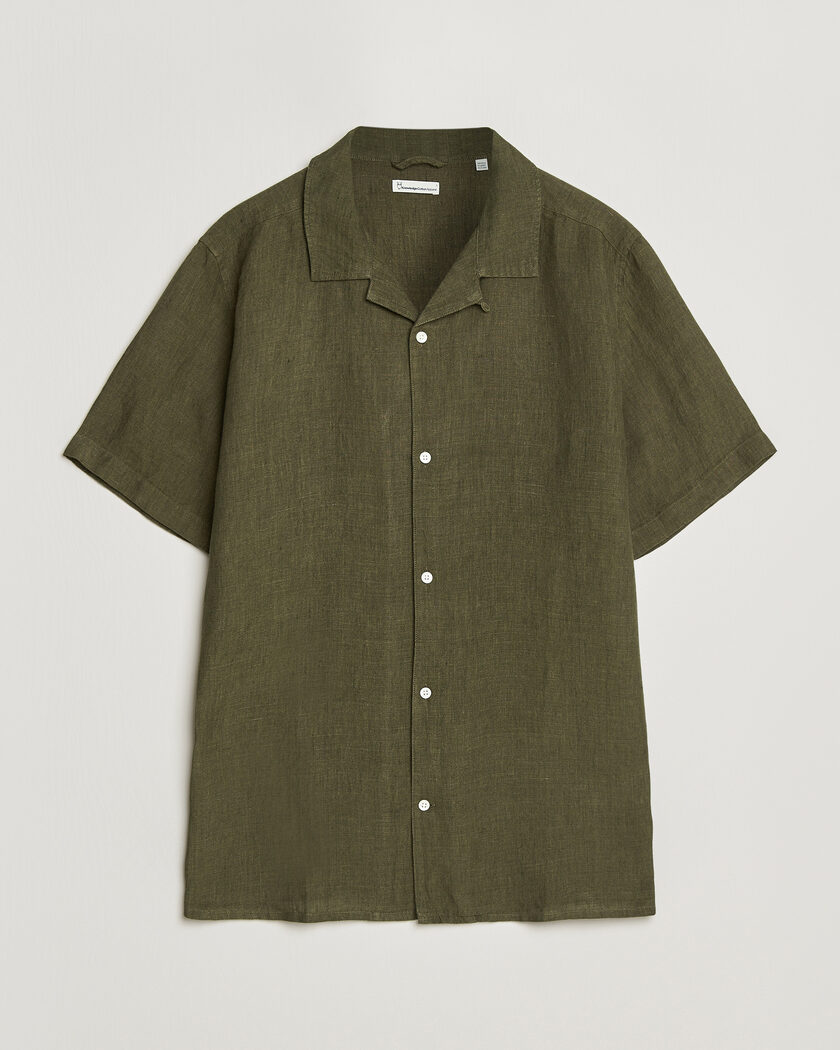 KnowledgeCotton Apparel Short Sleeve Linen Resort Shirt Burnt Olive – Grøn