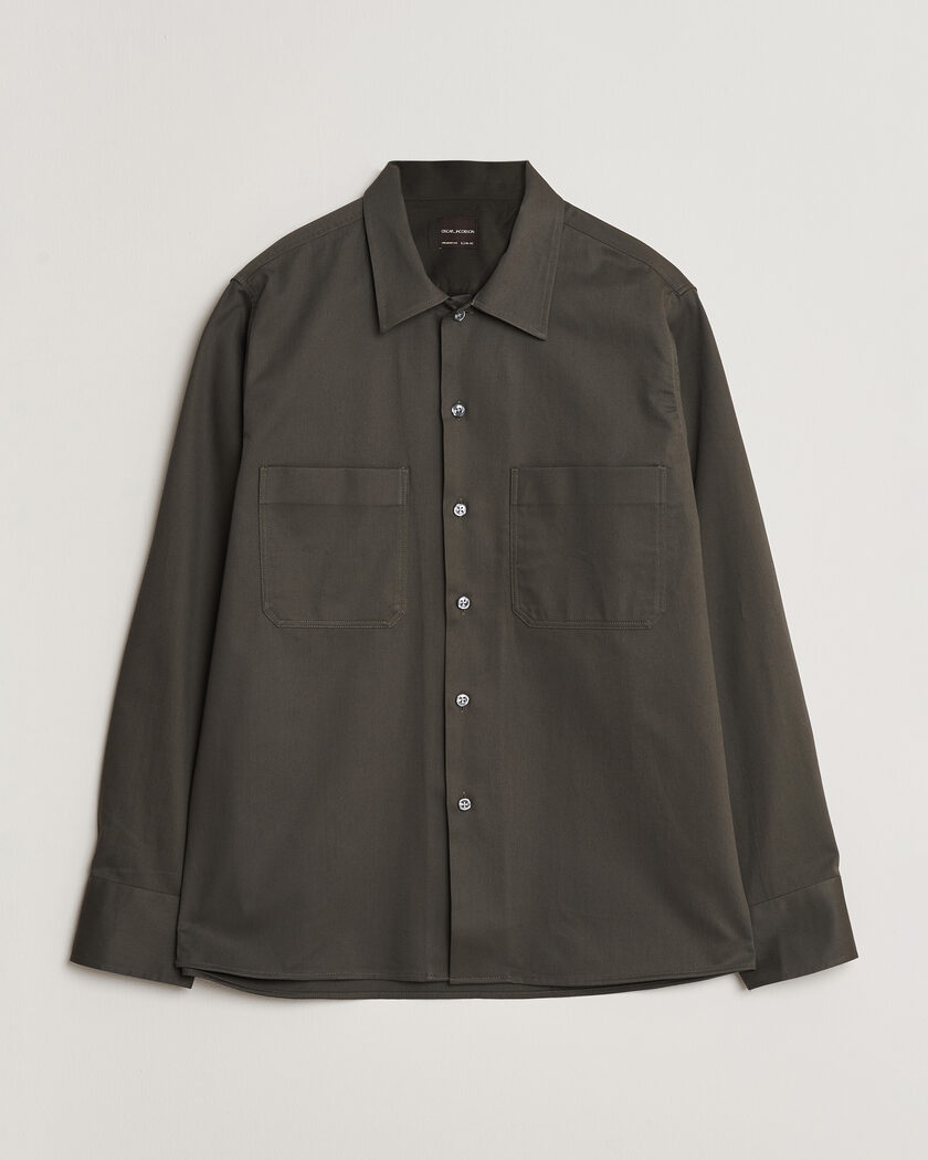 Oscar Jacobson Straight Fit Bowling Collar Cotton Shirt Olive – Grøn