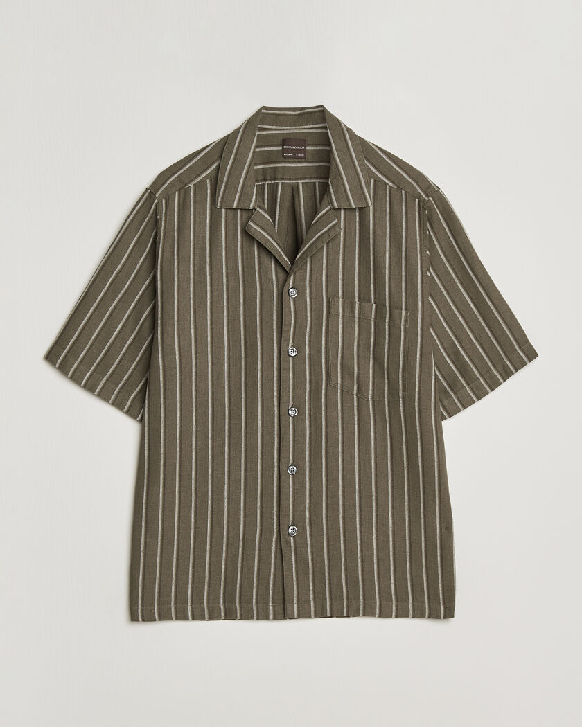 Oscar Jacobson Reg Fit Cuban Herringbone Short Sleeve Shirt Green – Grøn