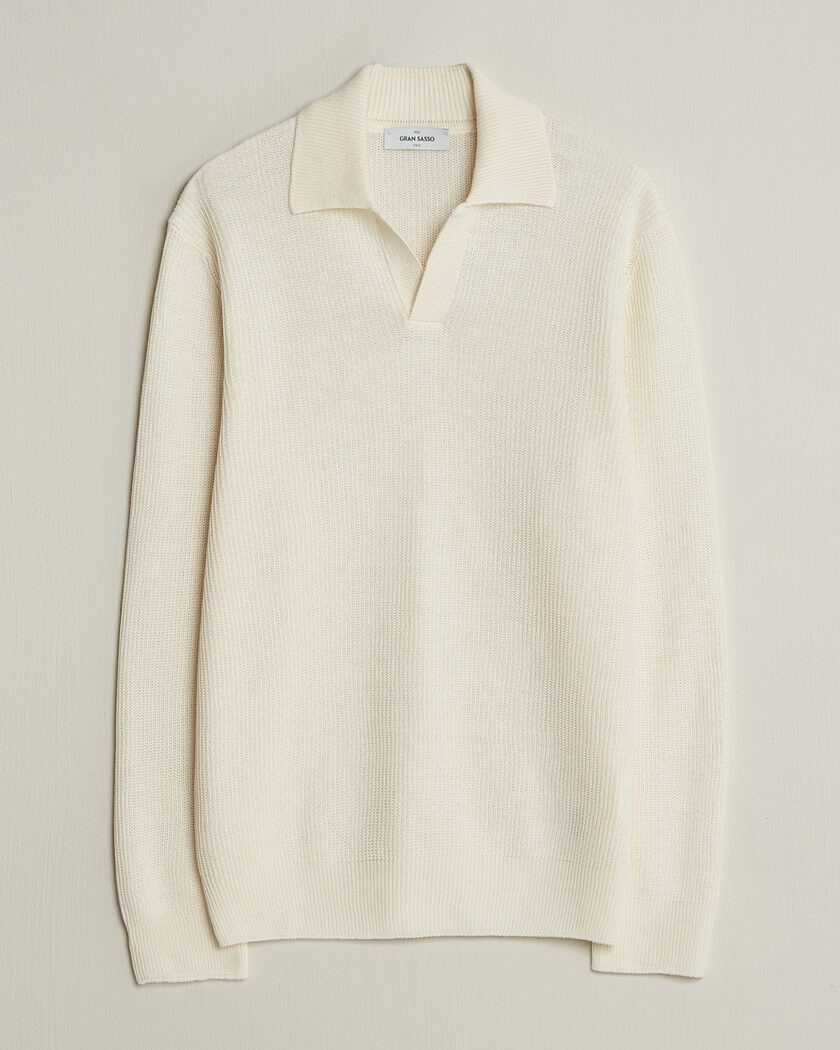 Gran Sasso Linen/Cotton Open Collar Knitted Polo Cream – Hvid