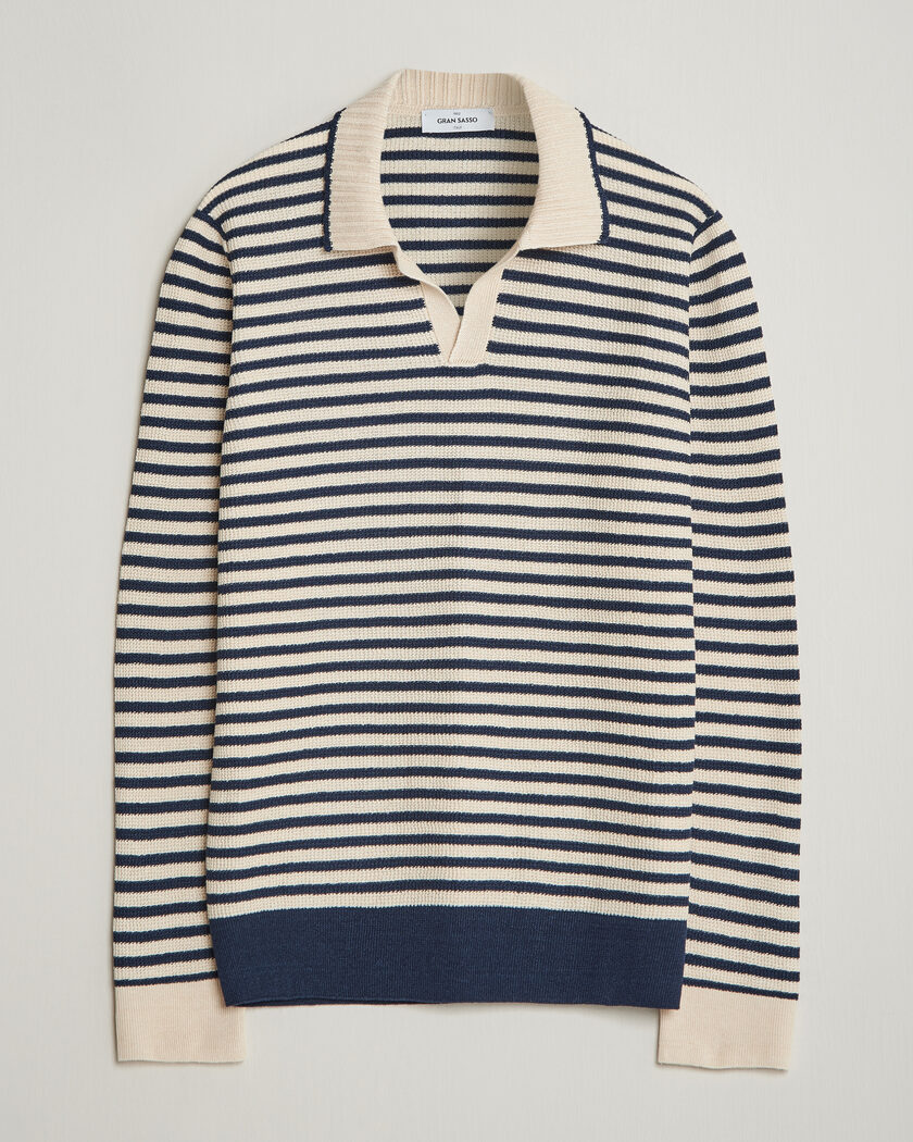 Gran Sasso Linen/Cotton Knitted Striped Polo Navy/White – Flerfarvet