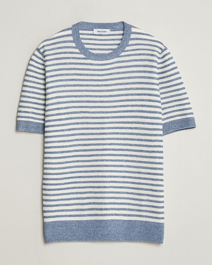 Gran Sasso Linen/Cotton Knitted Striped T-Shirt Blue/White – Blå
