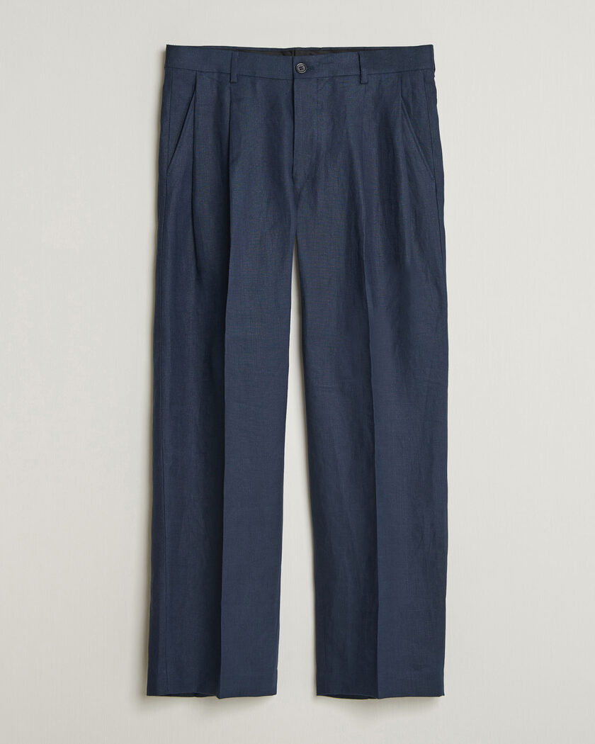  NN07 Justin Linen Double Pleated Trousers Navy Blue – Blå
