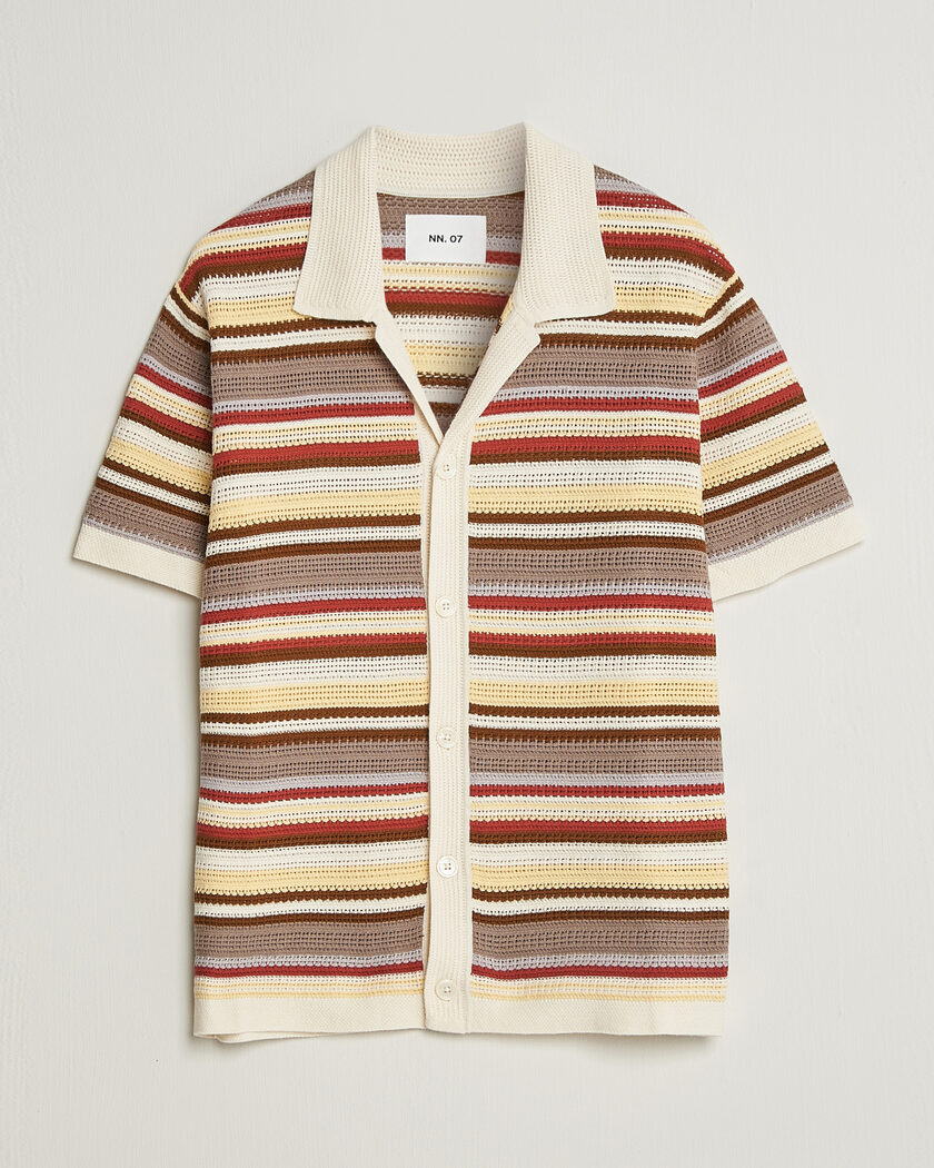 NN07 Lars Striped Knitted Short Sleeve Shirt Ivory Multi – Flerfarvet
