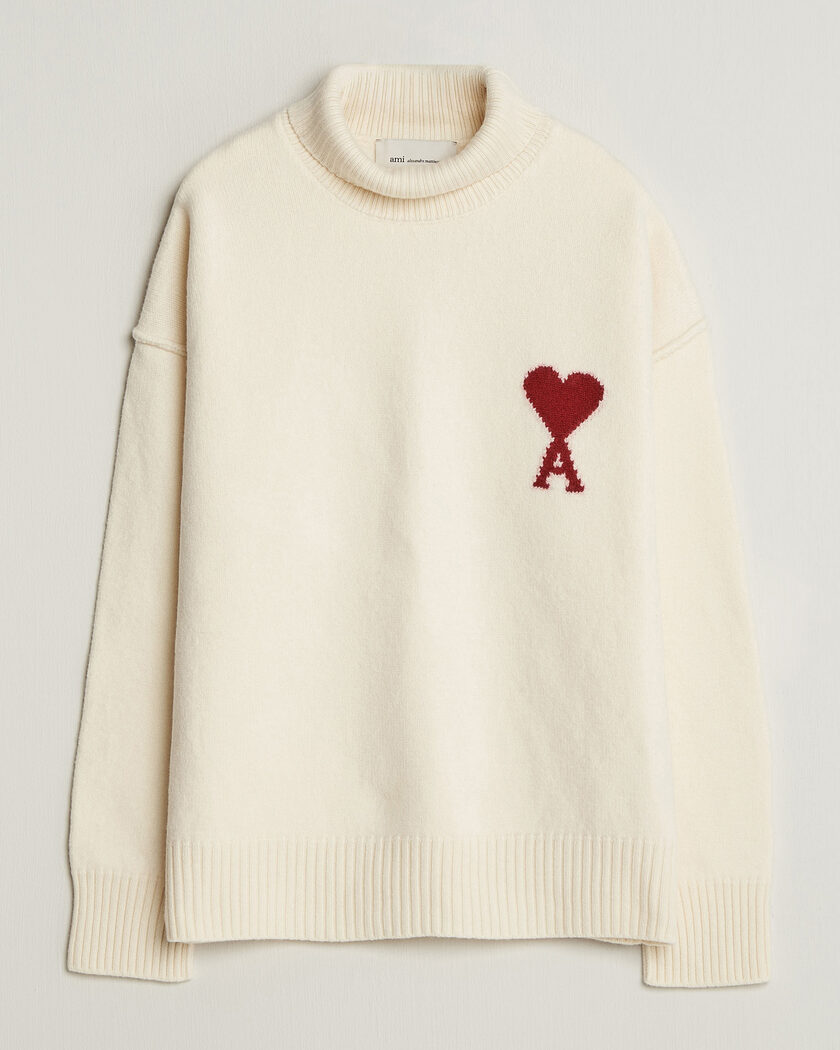AMI Big Heart Logo Wool Knitted Polo Ecru – Hvid