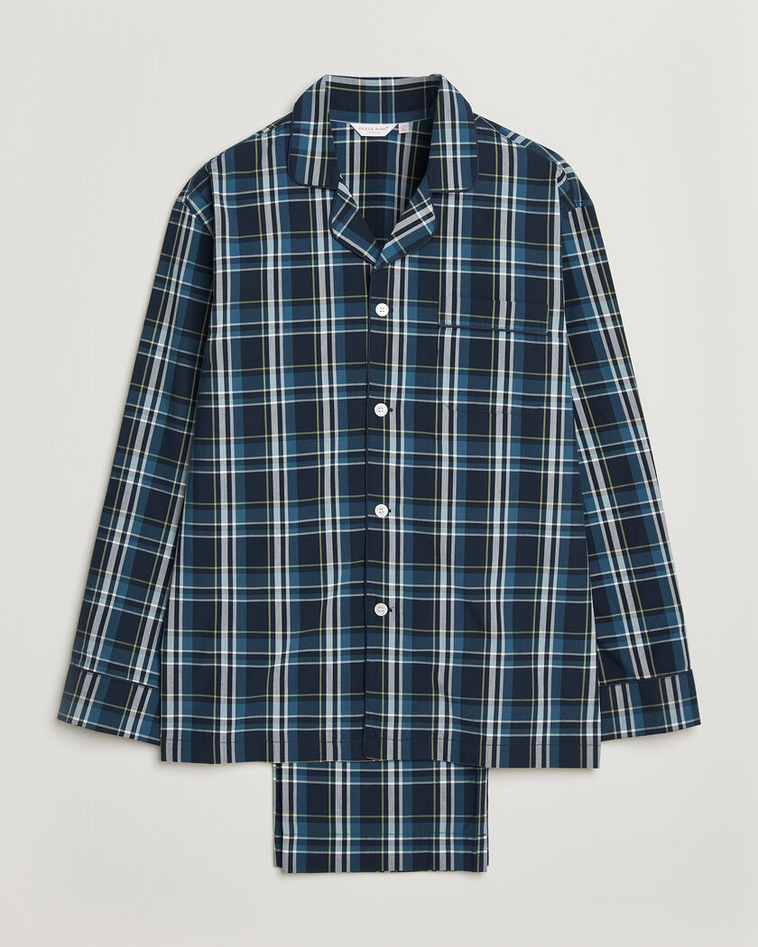 Derek Rose Piped Checked Cotton Pyjama Set Navy – Blå