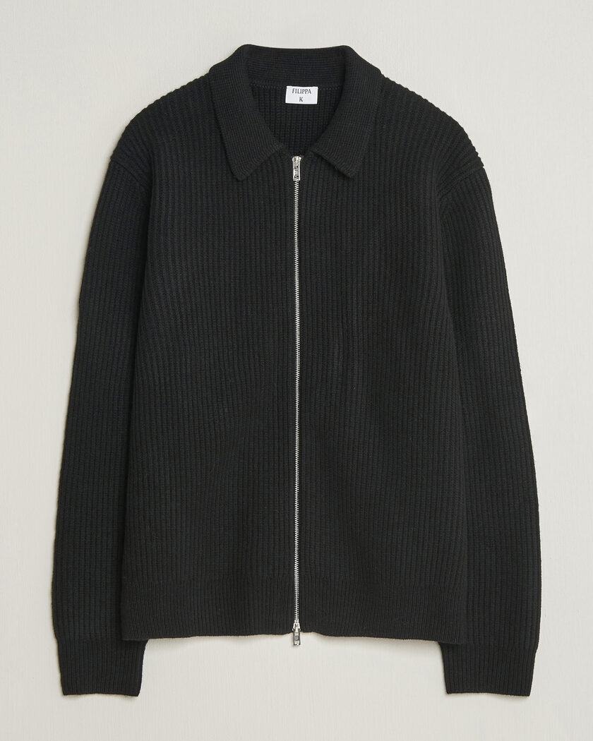 Filippa K Ribbed Wool Knitted Full Zip Black – Sort