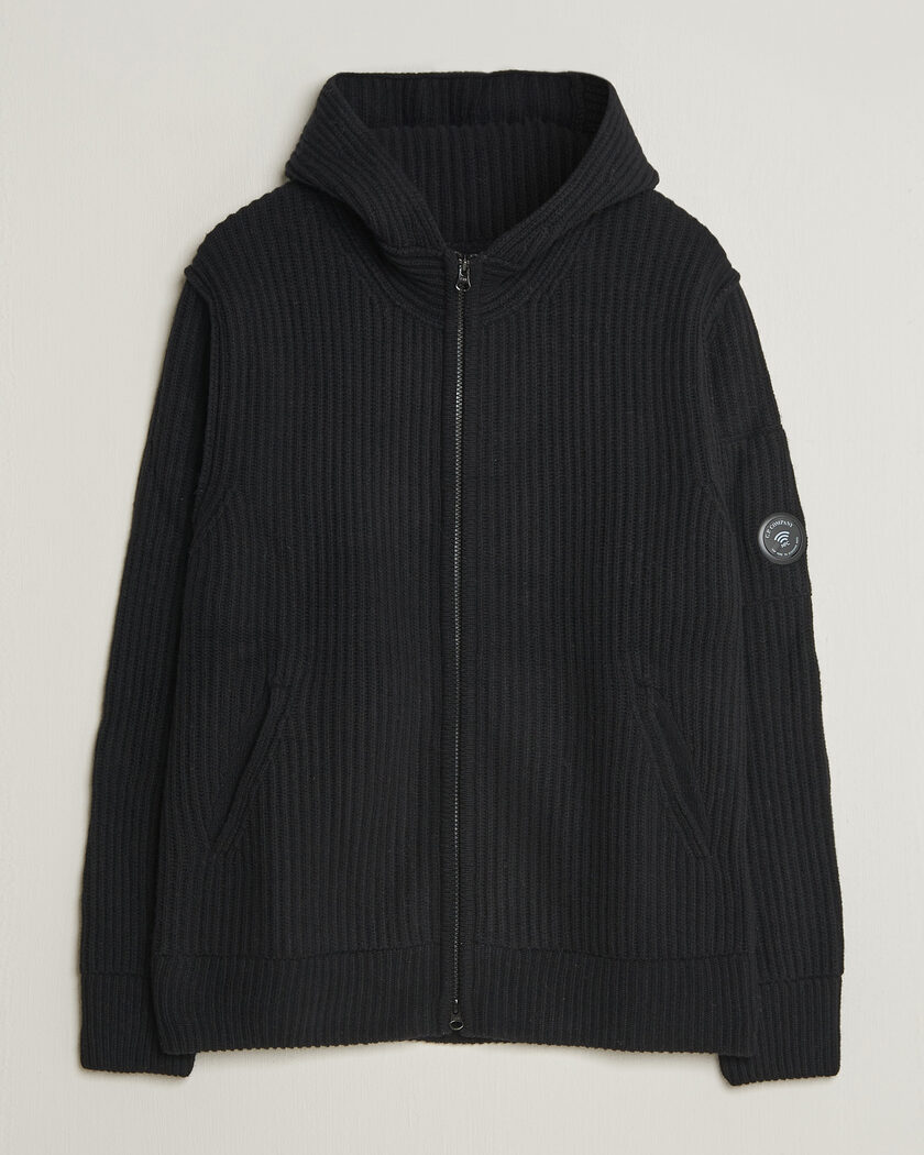 C.P. Company Heavy Lambswool Hood Zip Black – Sort