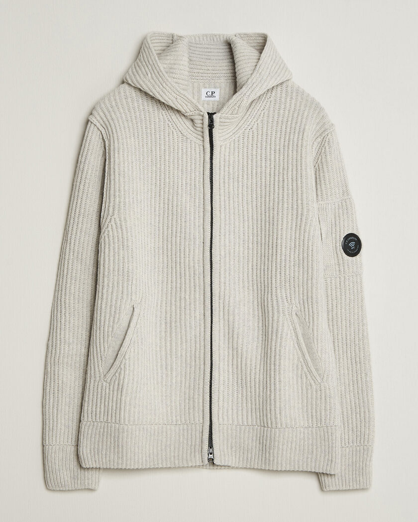 C.P. Company Heavy Lambswool Hood Zip Light Grey – Grå