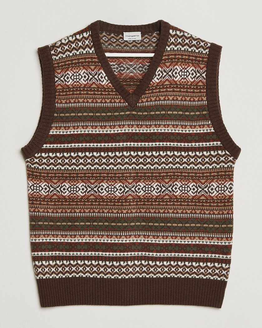 Morgano Wool/Cashmere Fair Isle Knitted Vest Brown – Brun