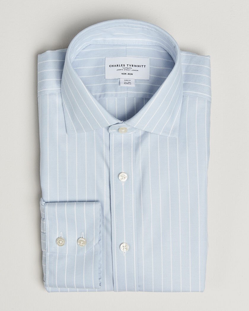 Charles Tyrwhitt Slim Fit Non Iron Herringbone Stripe Shirt Light Blue – Blå