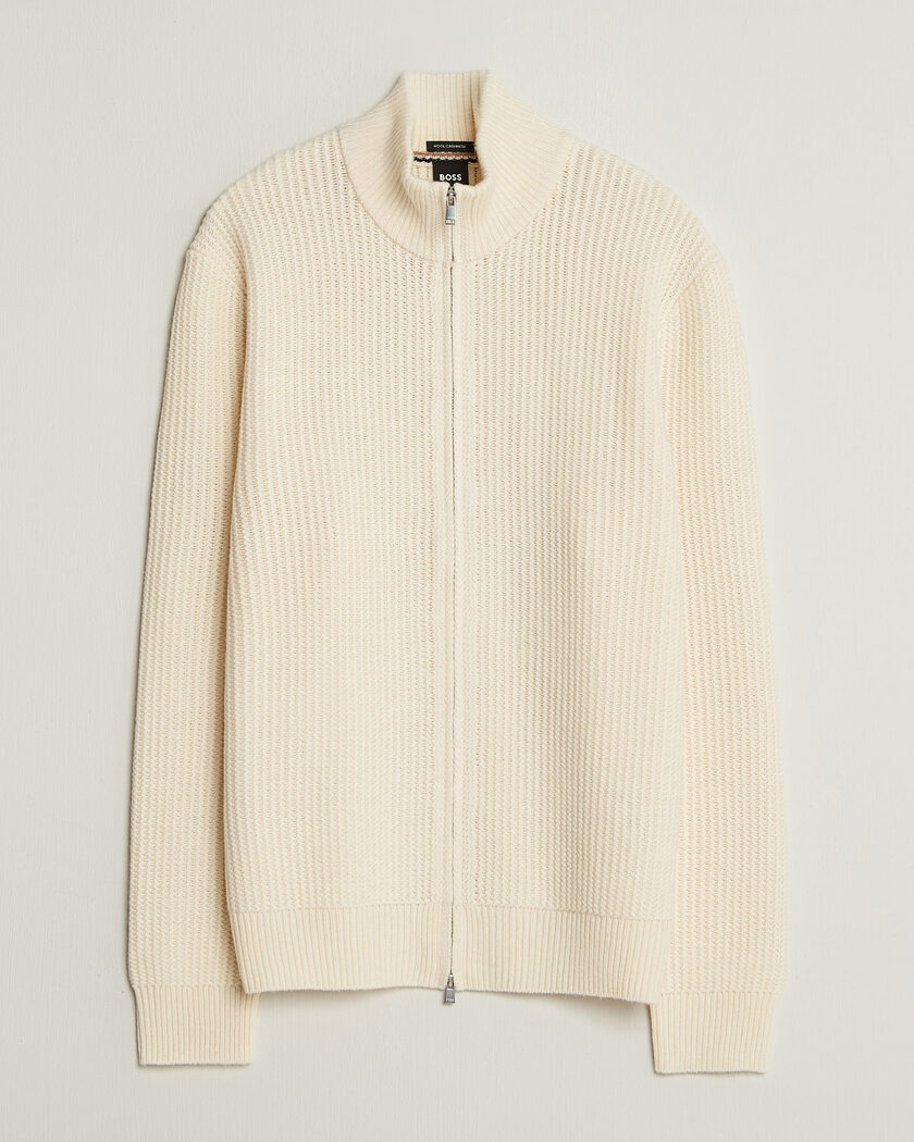 BOSS BLACK Fiocco Wool/Cashmere Full Zip Open White – Hvid