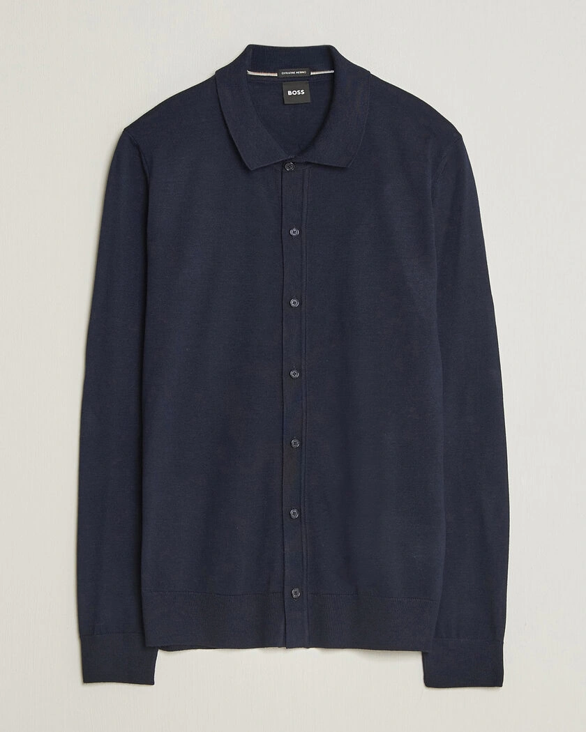 BOSS BLACK Helbert Merino Knitted Cardigan Dark Blue – Blå