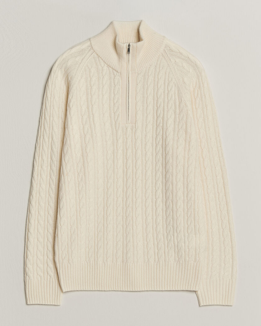BOSS BLACK Furore Wool/Cashmere Cable Half Zip Open White – Hvid