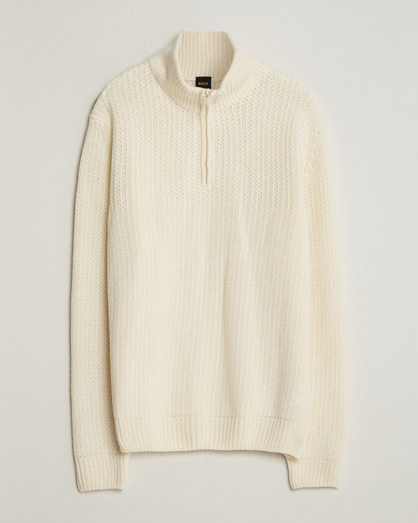 BOSS ORANGE Kenter Wool Knitted Half Zip Open White – Hvid
