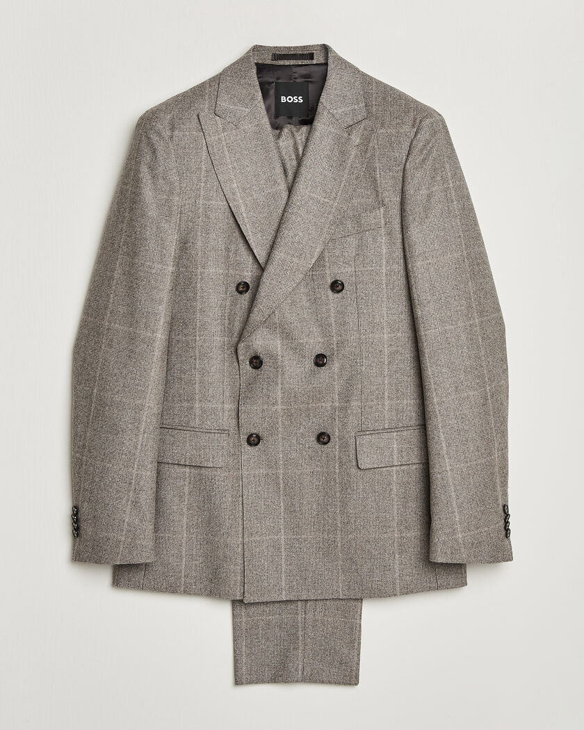 BOSS BLACK Huge Wool Checked Double Breasted Suit Open Brown – Brun